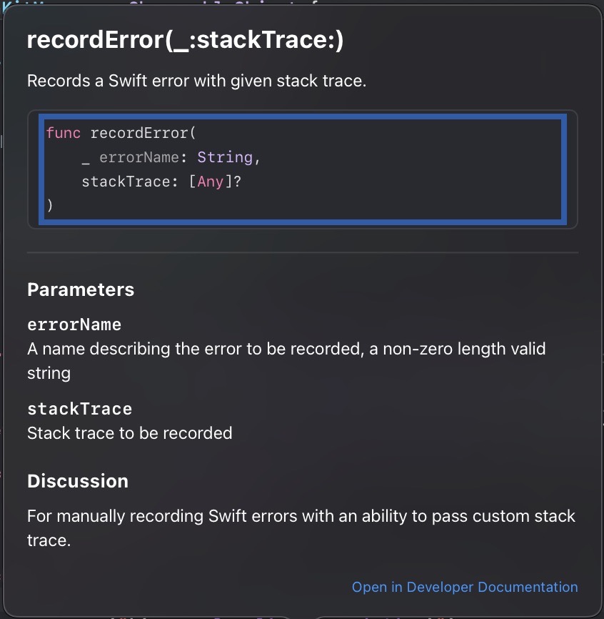 XCode documentation for Countly RecordError showing it takes [Any] as the value