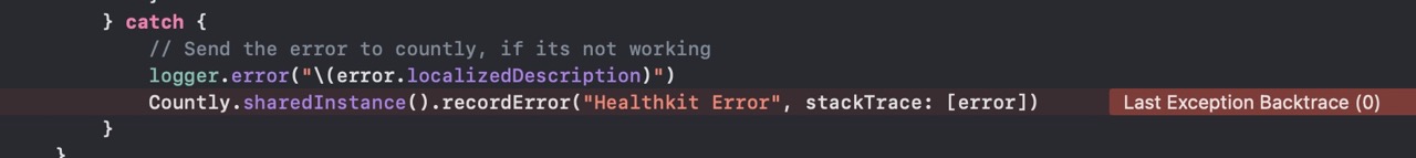 Screenshot of XCode showing the line crashing the app was Countly RecordError